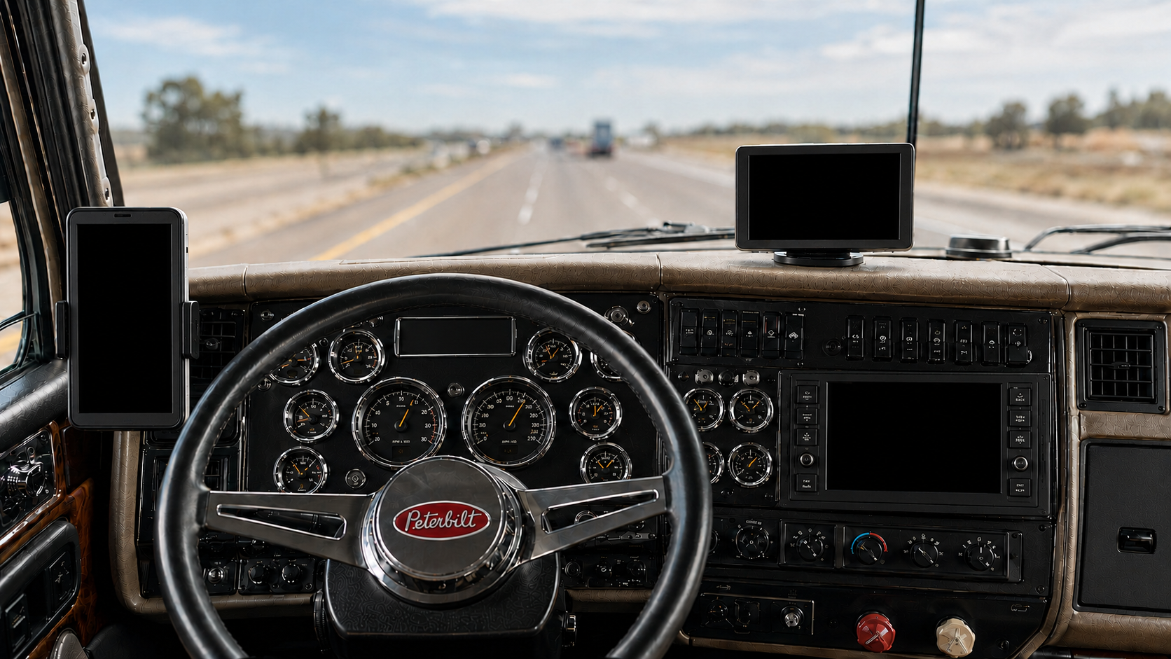 Fahrerperspektive auf das Armaturenbrett einer klassischen Peterbilt-Kabine mit Smartphone, Navi und Radio-Display